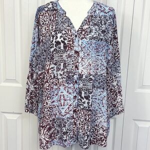 Catherines Light Blue Multi Boho Patchwork V-Neck Button Down Shirt 1X